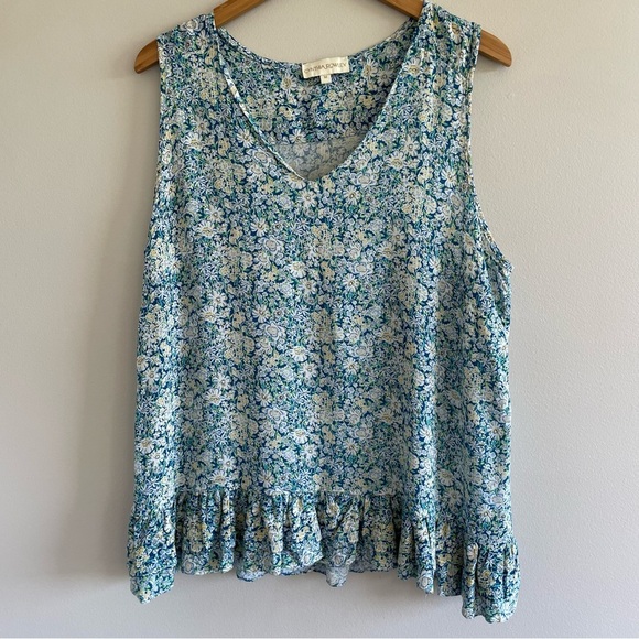 Cynthia Rowley Ruffle Hem Blue Floral Tank Top Size Medium - Picture 1 of 10